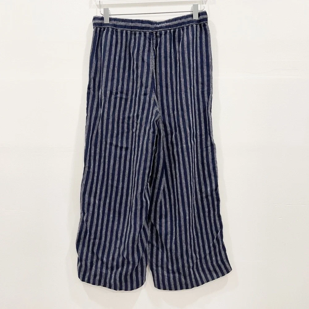 Banana Republic Wide Leg Crop Pants Navy Stripe Linen Size Drawstring Tassel S